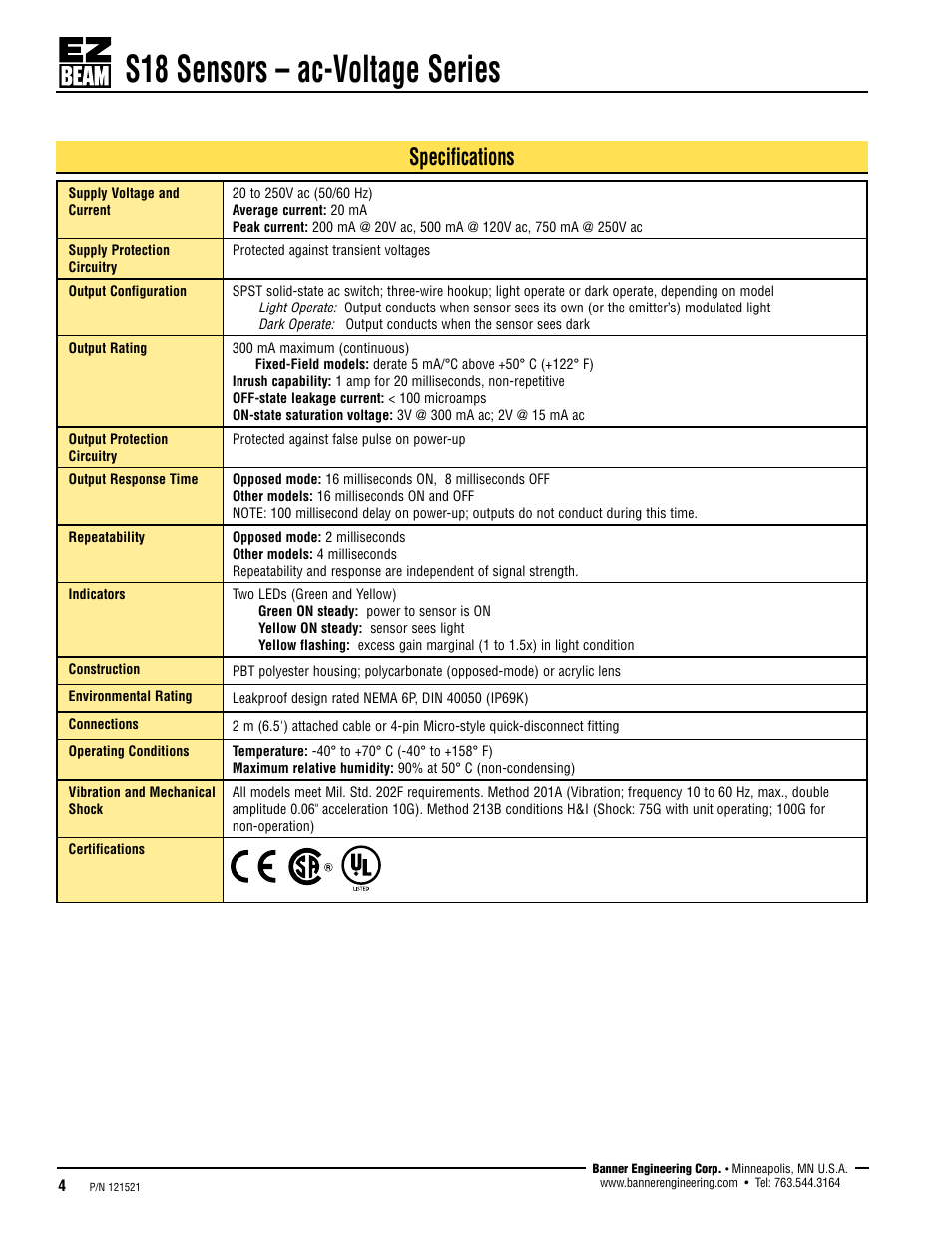 S18 sensors – ac-voltage series, Specifications | Banner S18 Series User Manual | Page 4 / 7