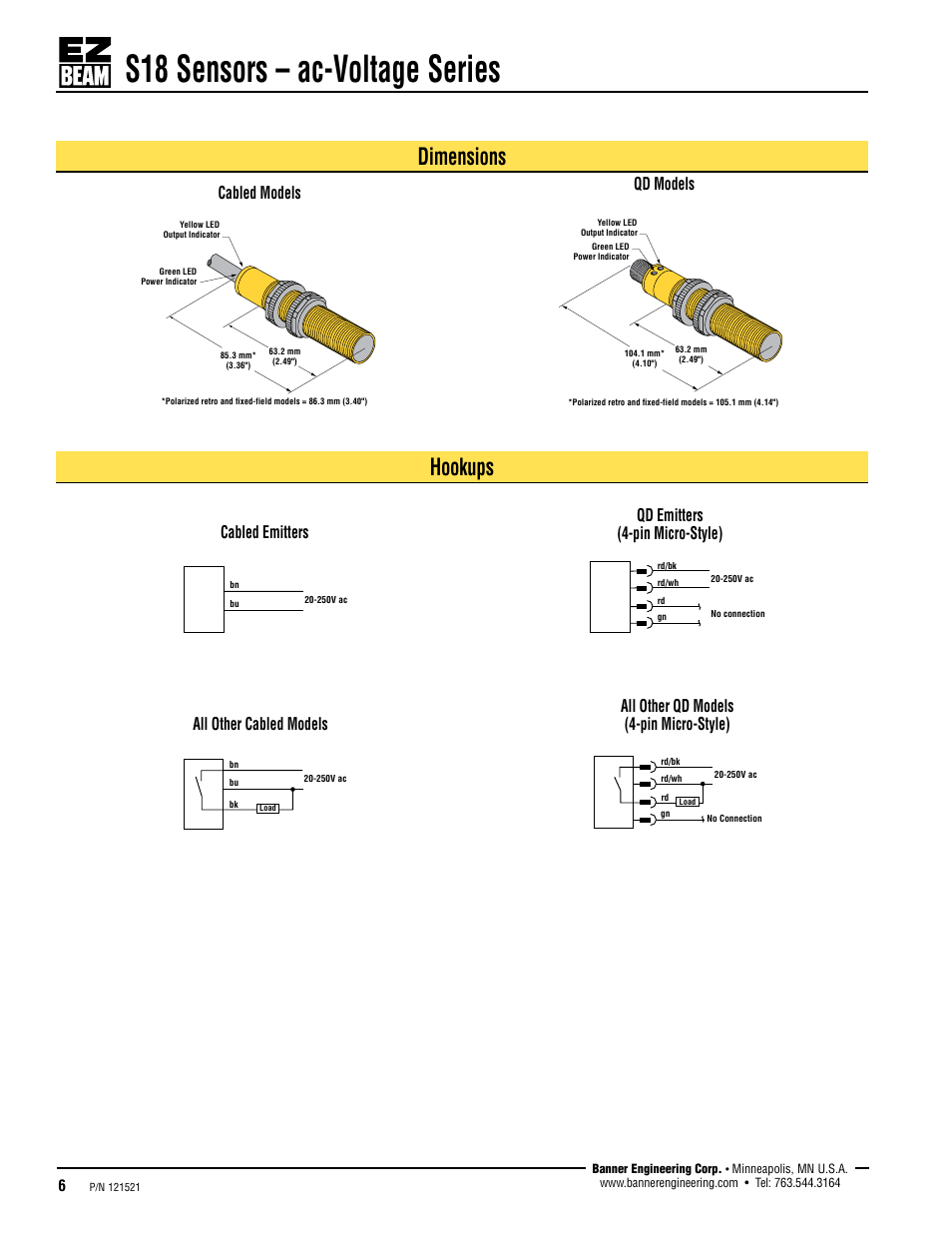 S18 sensors – ac-voltage series, Dimensions, Hookups | Cabled models qd models, Cabled emitters | Banner S18 Series User Manual | Page 6 / 7