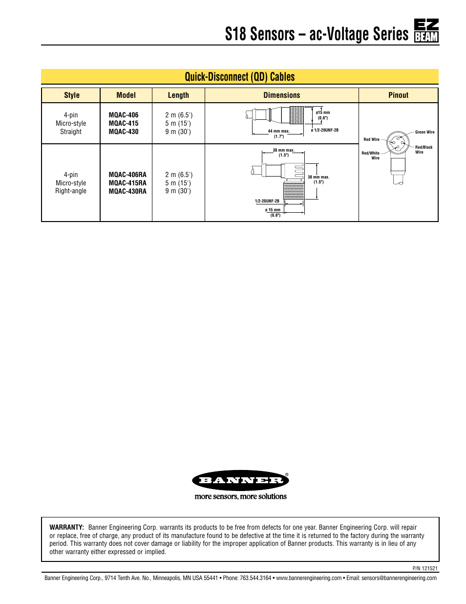 S18 sensors – ac-voltage series, Quick-disconnect (qd) cables | Banner S18 Series User Manual | Page 7 / 7