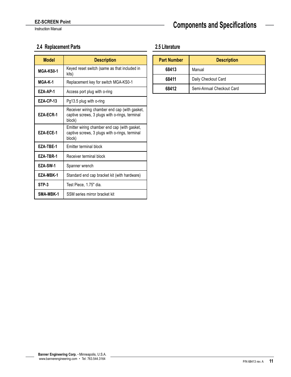 Components and specifications, 4 replacement parts, 5 literature | Banner EZ-SCREEN­ Safety Light Curtain Systems User Manual | Page 13 / 60