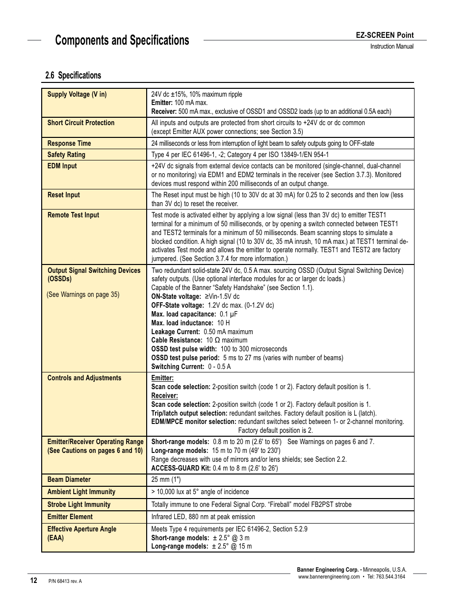 Components and specifications, 6 specifications | Banner EZ-SCREEN­ Safety Light Curtain Systems User Manual | Page 14 / 60