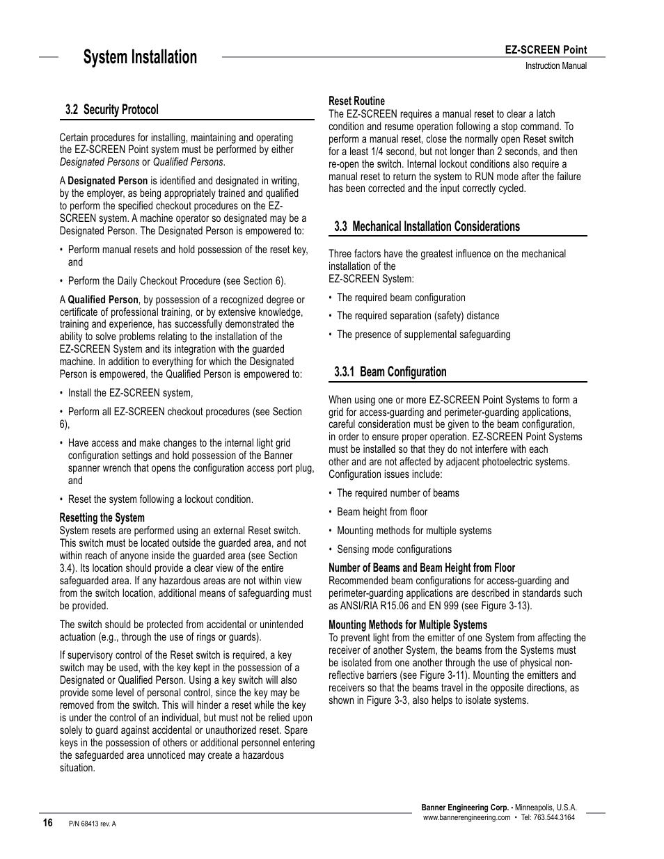 System installation, 2 security protocol, 3 mechanical installation considerations | 1 beam configuration | Banner EZ-SCREEN­ Safety Light Curtain Systems User Manual | Page 18 / 60