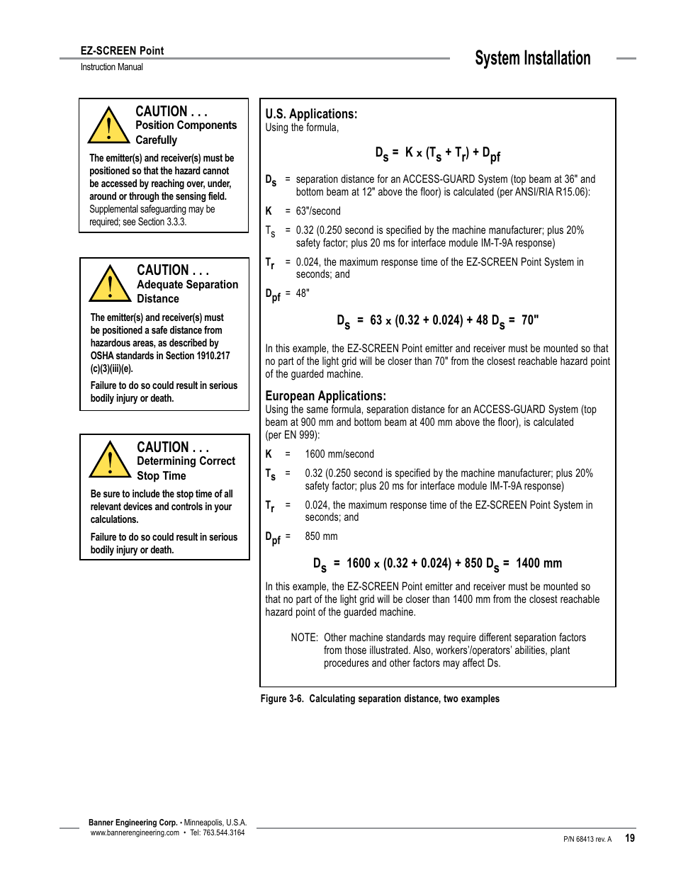 System installation, Caution | Banner EZ-SCREEN­ Safety Light Curtain Systems User Manual | Page 21 / 60