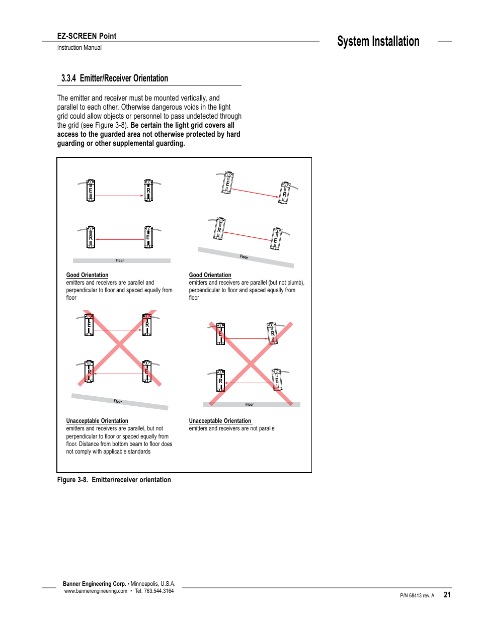 System installation, 4 emitter/receiver orientation, Ez-screen point | Banner EZ-SCREEN­ Safety Light Curtain Systems User Manual | Page 23 / 60