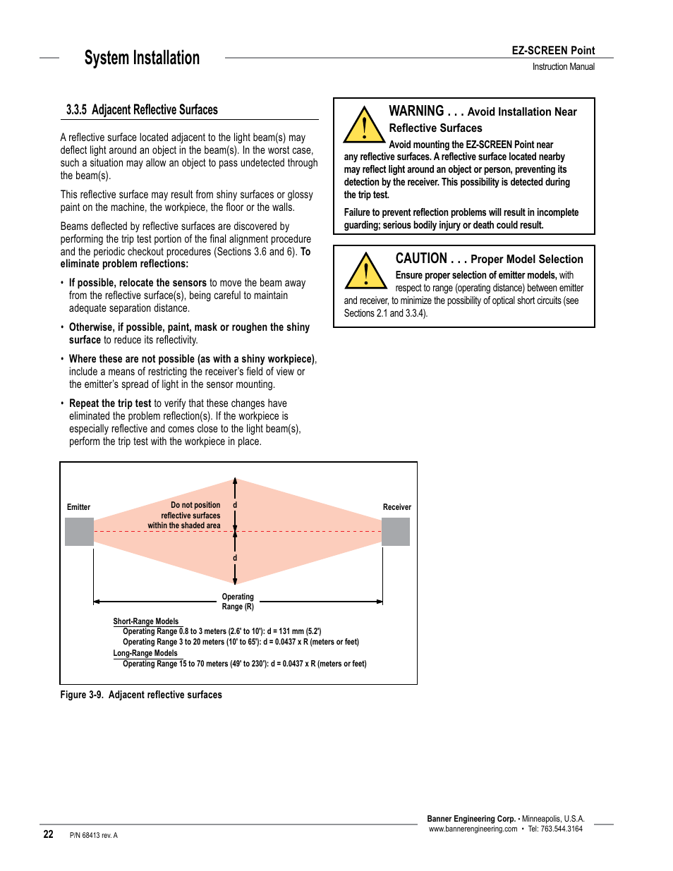 System installation, 5 adjacent reflective surfaces, Warning | Caution | Banner EZ-SCREEN­ Safety Light Curtain Systems User Manual | Page 24 / 60