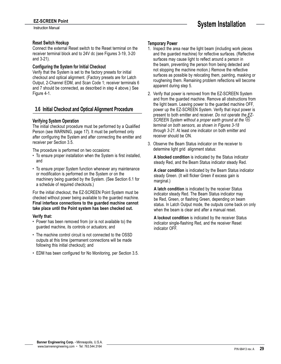 System installation, 6 initial checkout and optical alignment procedure | Banner EZ-SCREEN­ Safety Light Curtain Systems User Manual | Page 31 / 60