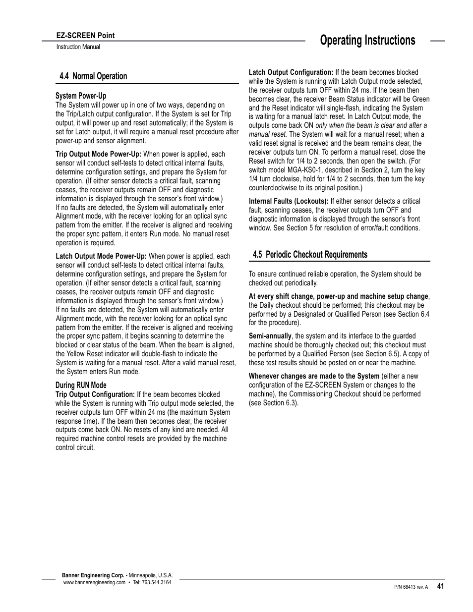 Operating instructions, 5 periodic checkout requirements, 4 normal operation | Banner EZ-SCREEN­ Safety Light Curtain Systems User Manual | Page 43 / 60