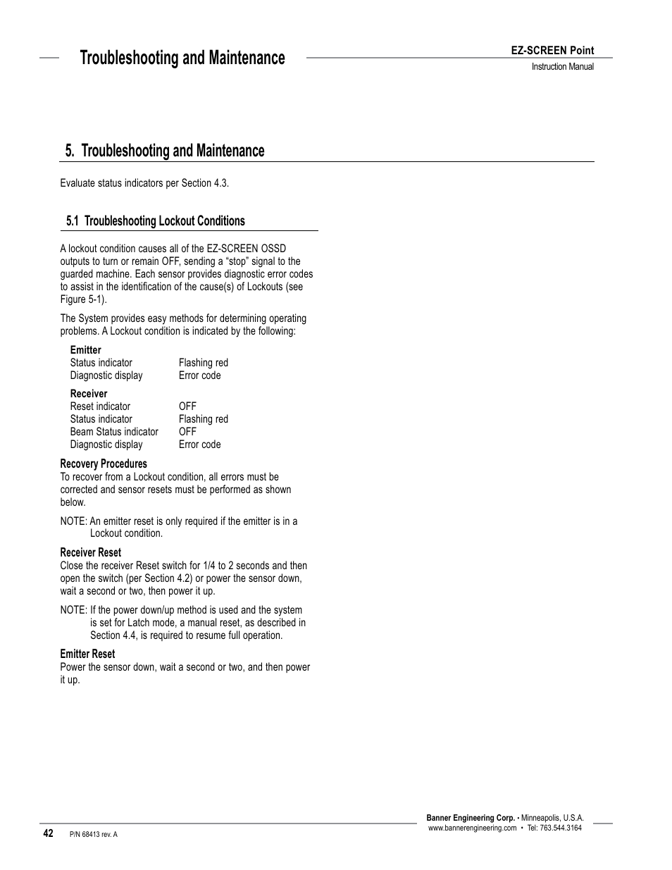Troubleshooting and maintenance, 1 troubleshooting lockout conditions | Banner EZ-SCREEN­ Safety Light Curtain Systems User Manual | Page 44 / 60