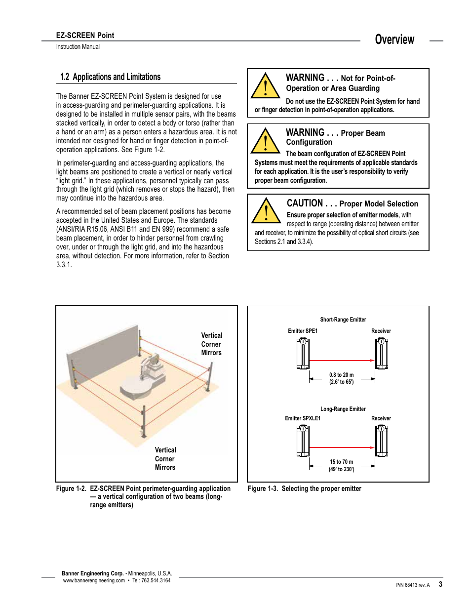 Overview, 2 applications and limitations, Warning | Caution | Banner EZ-SCREEN­ Safety Light Curtain Systems User Manual | Page 5 / 60