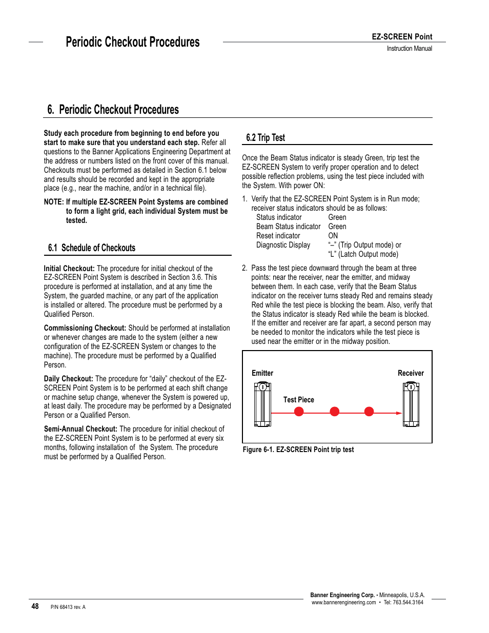 Periodic checkout procedures, 1 schedule of checkouts, 2 trip test | Banner EZ-SCREEN­ Safety Light Curtain Systems User Manual | Page 50 / 60