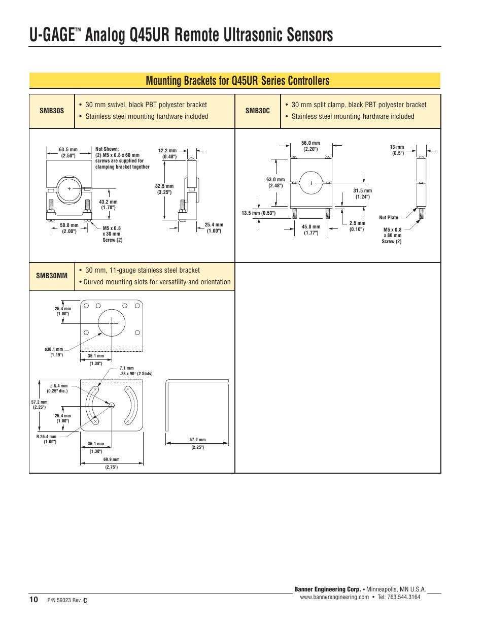U-gage, Analog q45ur remote ultrasonic sensors, Mounting brackets for q45ur series controllers | Banner U-GAGE Q45UR Series—Analog User Manual | Page 10 / 12