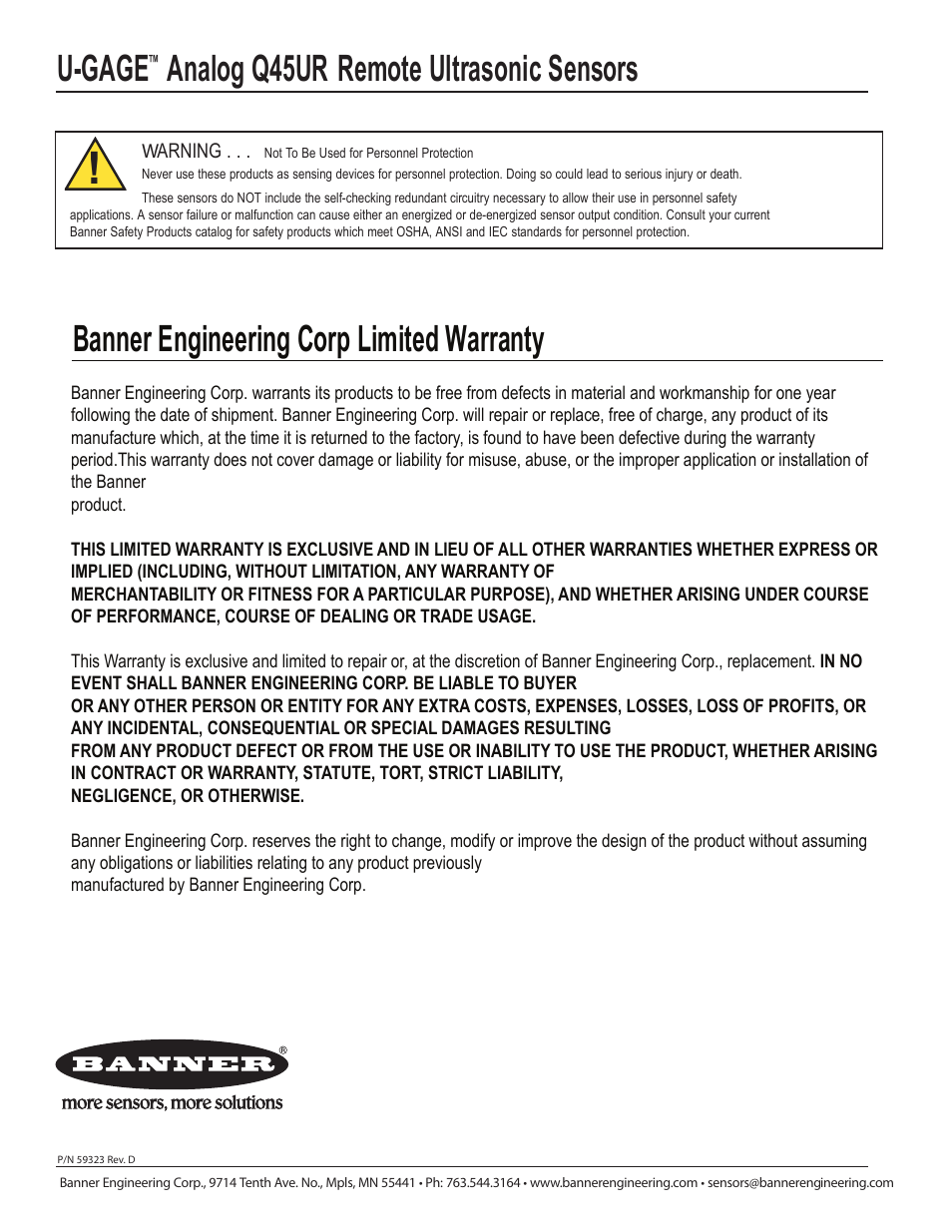 U-gage, Analog q45ur remote ultrasonic sensors, Banner engineering corp limited warranty | Banner U-GAGE Q45UR Series—Analog User Manual | Page 12 / 12