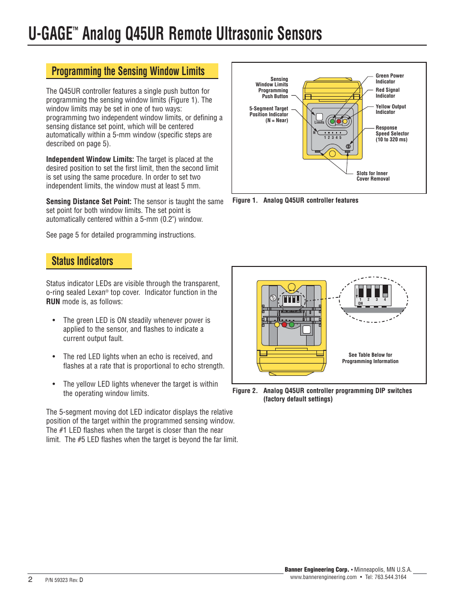 U-gage, Analog q45ur remote ultrasonic sensors, Programming the sensing window limits | Status indicators | Banner U-GAGE Q45UR Series—Analog User Manual | Page 2 / 12