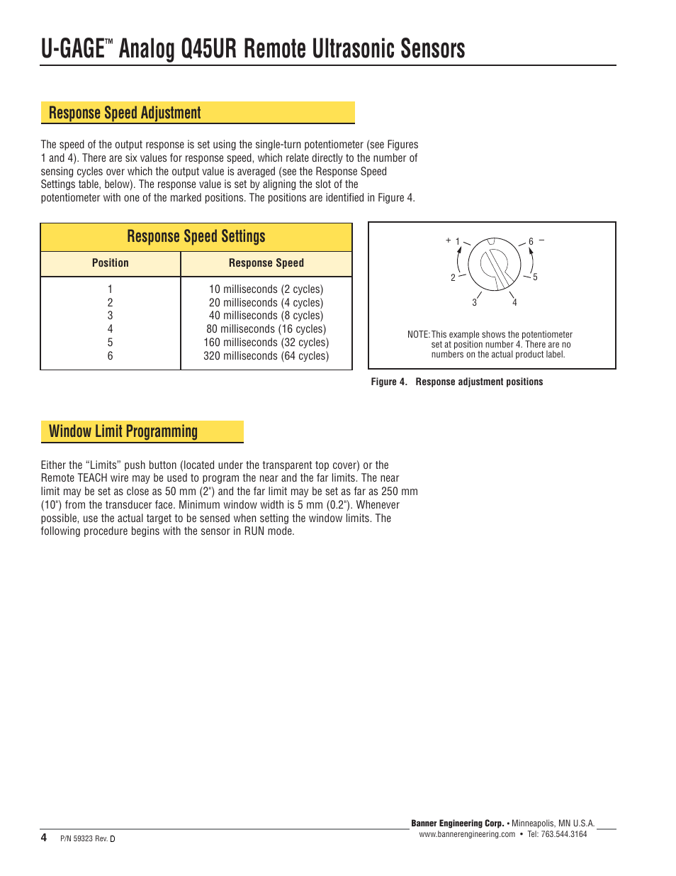 U-gage, Analog q45ur remote ultrasonic sensors, Response speed settings | Response speed adjustment, Window limit programming | Banner U-GAGE Q45UR Series—Analog User Manual | Page 4 / 12