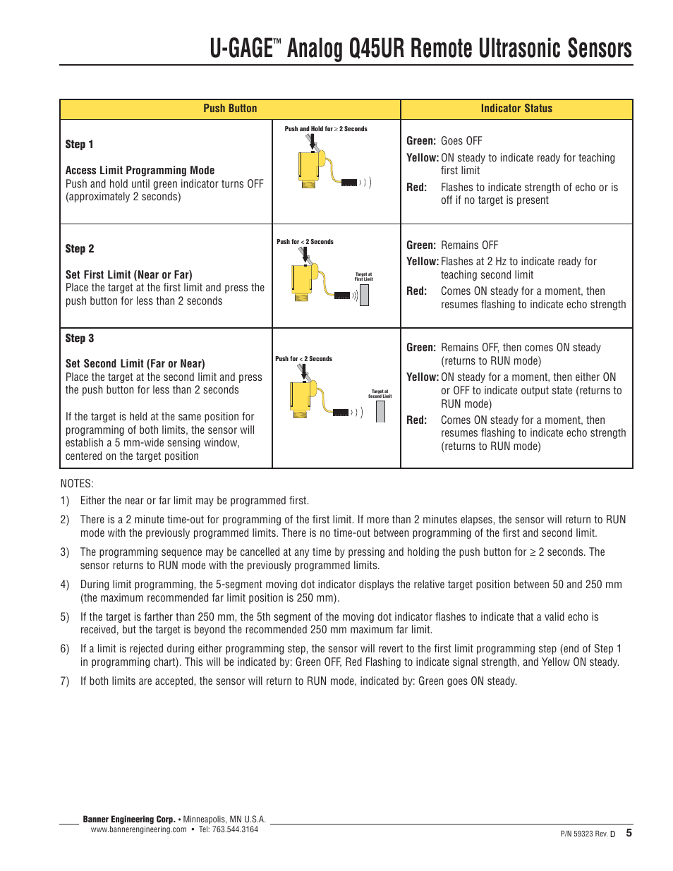 U-gage, Analog q45ur remote ultrasonic sensors | Banner U-GAGE Q45UR Series—Analog User Manual | Page 5 / 12