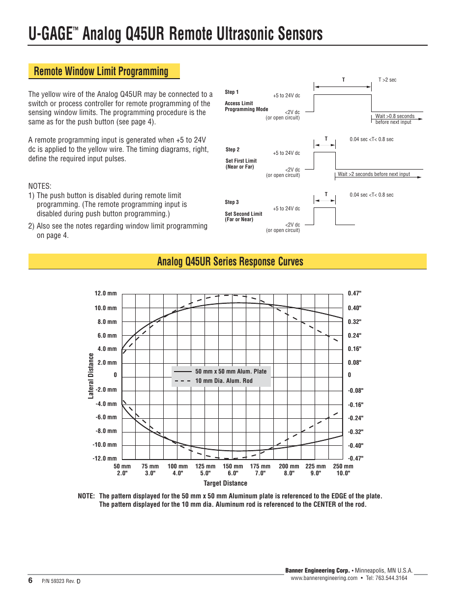 U-gage, Analog q45ur remote ultrasonic sensors, Remote window limit programming | Analog q45ur series response curves | Banner U-GAGE Q45UR Series—Analog User Manual | Page 6 / 12