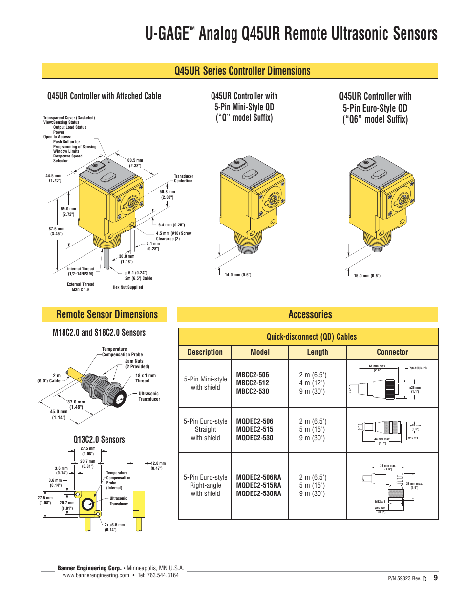 U-gage, Analog q45ur remote ultrasonic sensors, Q45ur controller with attached cable | Quick-disconnect (qd) cables, Q13c2.0 sensors, Description model length connector | Banner U-GAGE Q45UR Series—Analog User Manual | Page 9 / 12