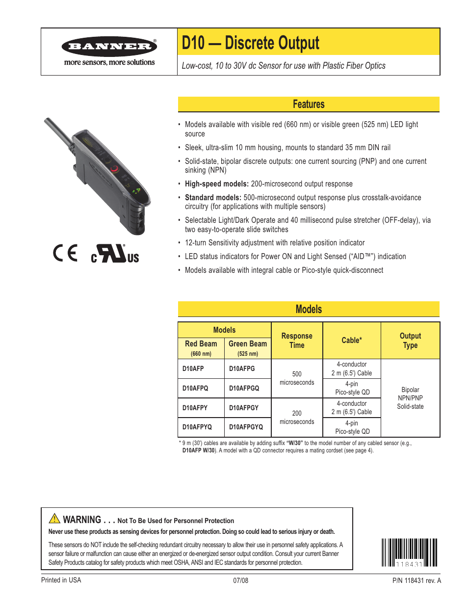 Banner D10—Discrete User Manual | 4 pages