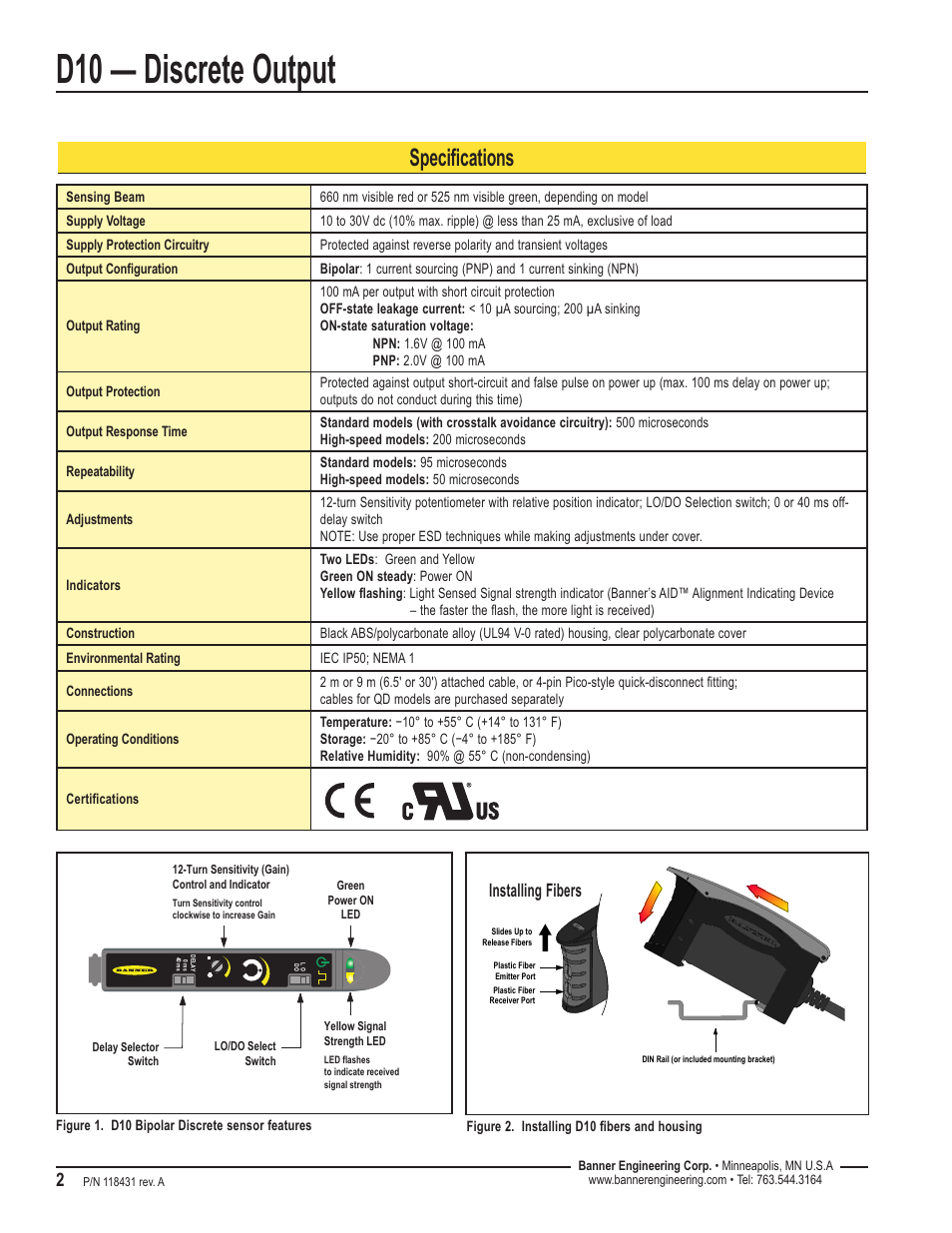D10 — discrete output, Specifications, Installing fibers | Banner D10—Discrete User Manual | Page 2 / 4