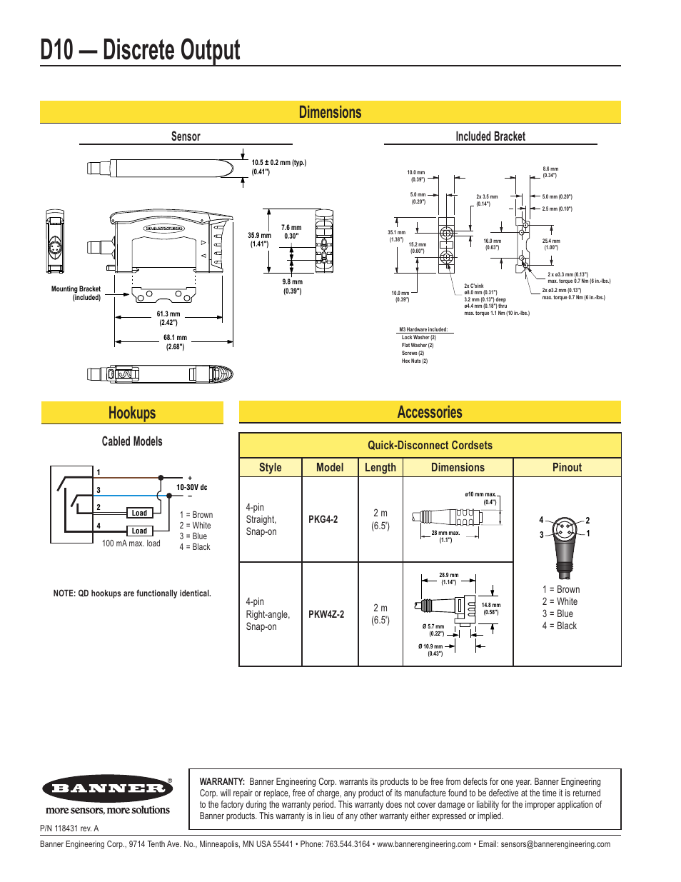 D10 — discrete output, Hookups, Accessories | Dimensions, Cabled models, Included bracket, Sensor | Banner D10—Discrete User Manual | Page 4 / 4