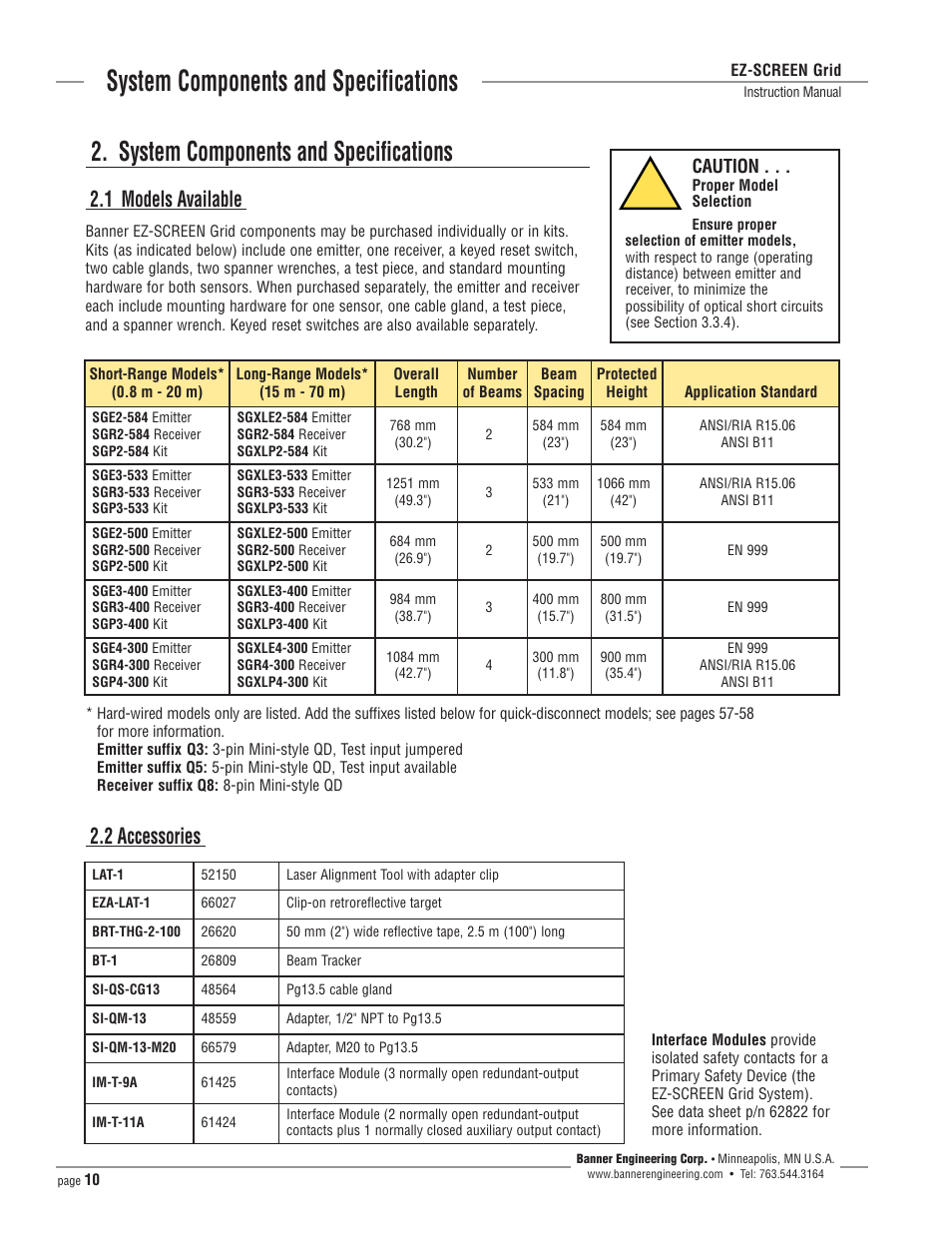 System components and specifications, 1 models available, 2 accessories | Banner EZ-SCREEN­ Safety Light Curtain Systems User Manual | Page 10 / 64