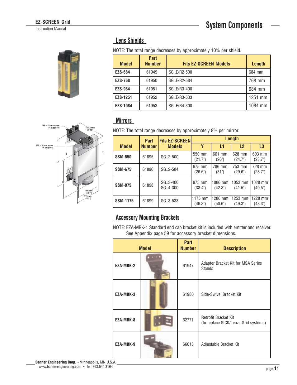 System components, Lens shields, Mirrors | Accessory mounting brackets | Banner EZ-SCREEN­ Safety Light Curtain Systems User Manual | Page 11 / 64