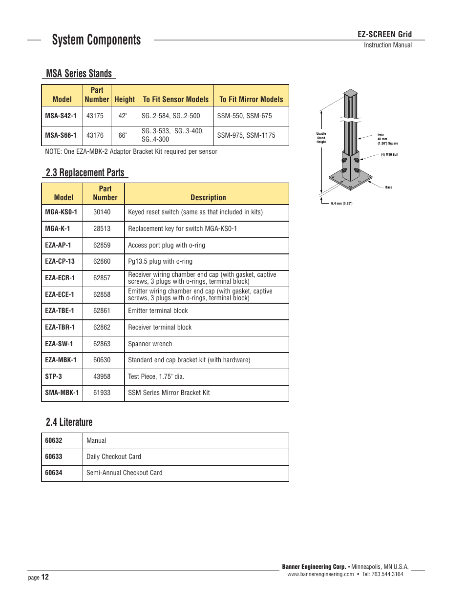 System components, 3 replacement parts 2.4 literature, Msa series stands | Banner EZ-SCREEN­ Safety Light Curtain Systems User Manual | Page 12 / 64