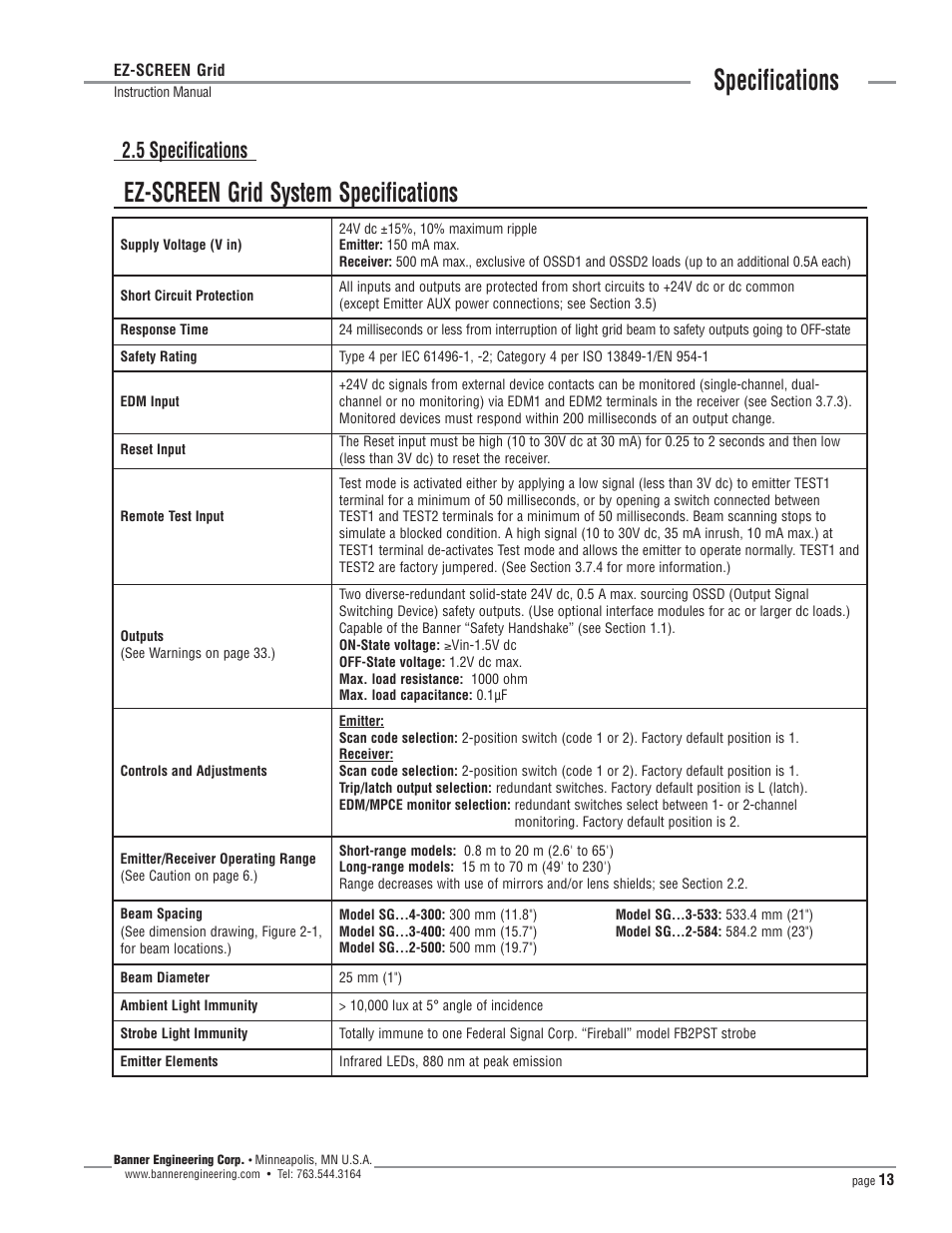 Specifications, Ez-screen grid system specifications, 5 specifications | Banner EZ-SCREEN­ Safety Light Curtain Systems User Manual | Page 13 / 64