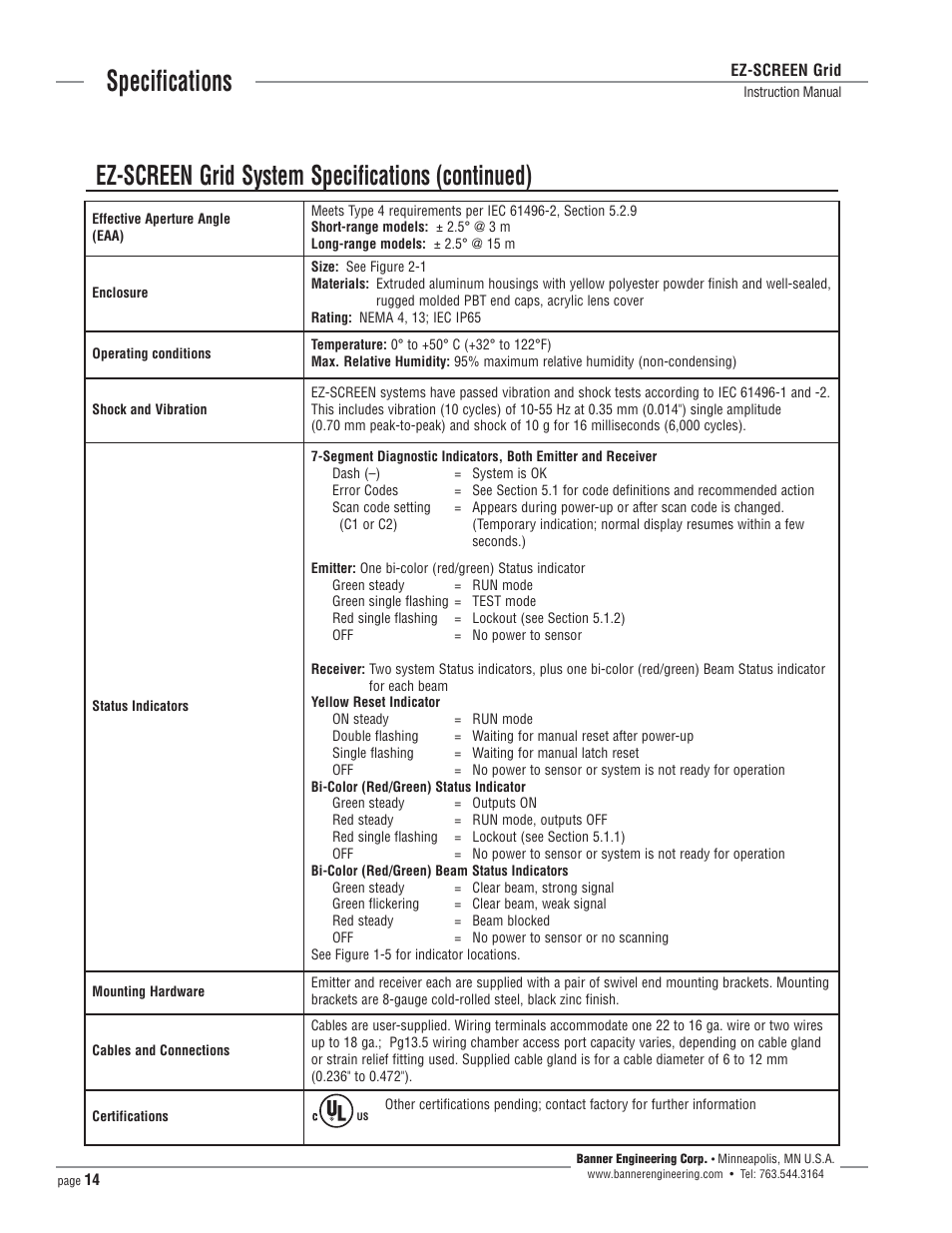 Specifications, Ez-screen grid system specifications (continued) | Banner EZ-SCREEN­ Safety Light Curtain Systems User Manual | Page 14 / 64