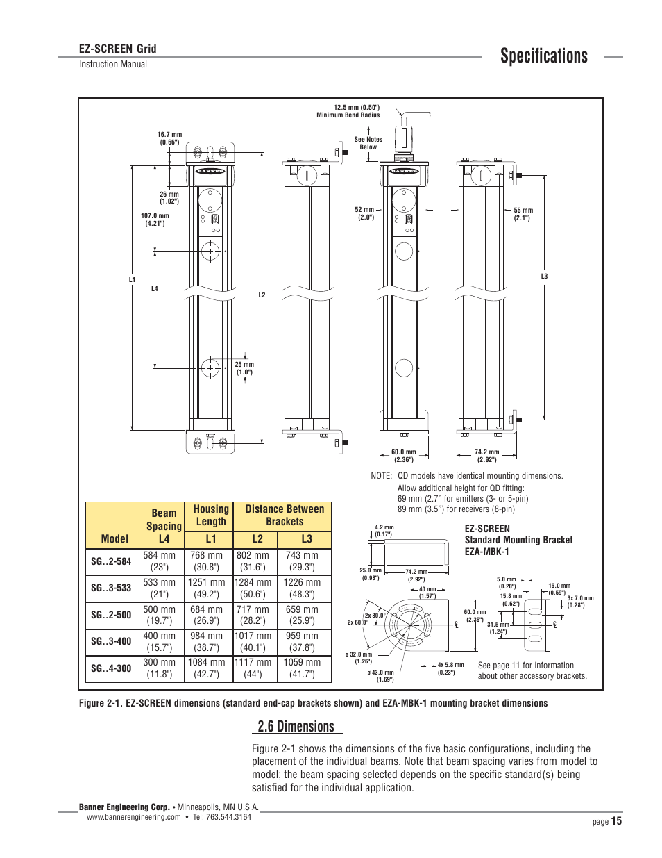 Specifications, 6 dimensions, Ez-screen grid | Model beam spacing l4 housing length, Distance between brackets l1 l2 l3 | Banner EZ-SCREEN­ Safety Light Curtain Systems User Manual | Page 15 / 64