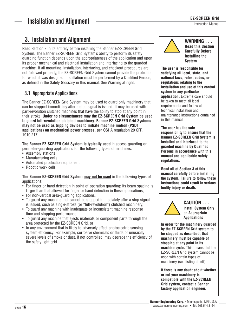 Installation and alignment, 1 appropriate applications | Banner EZ-SCREEN­ Safety Light Curtain Systems User Manual | Page 16 / 64