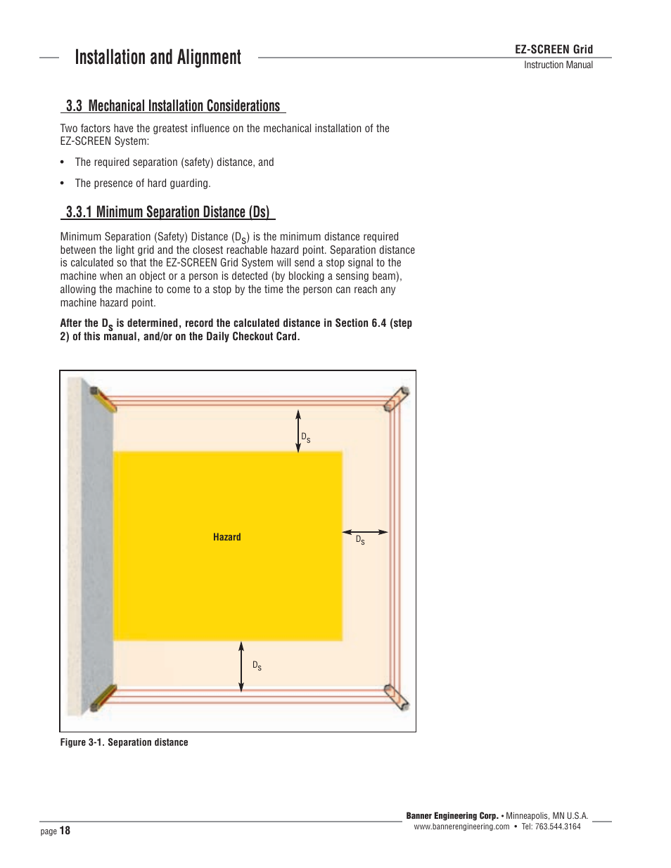 Installation and alignment, 3 mechanical installation considerations, 1 minimum separation distance (ds) | Banner EZ-SCREEN­ Safety Light Curtain Systems User Manual | Page 18 / 64