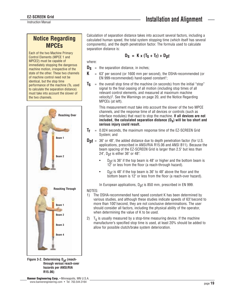 Installation and alignment, Notice regarding mpces | Banner EZ-SCREEN­ Safety Light Curtain Systems User Manual | Page 19 / 64