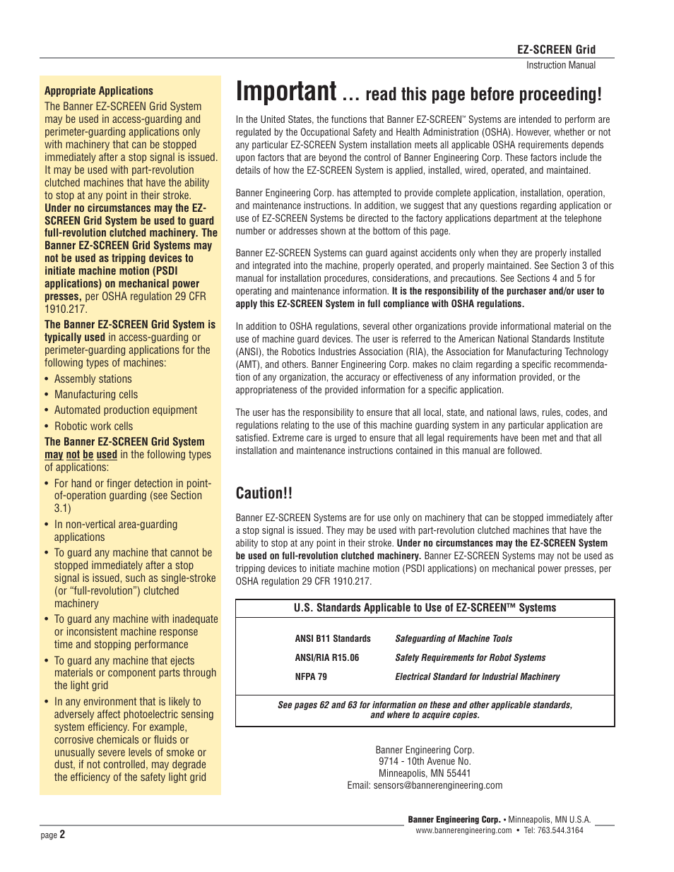 Important, Read this page before proceeding, Caution | Banner EZ-SCREEN­ Safety Light Curtain Systems User Manual | Page 2 / 64