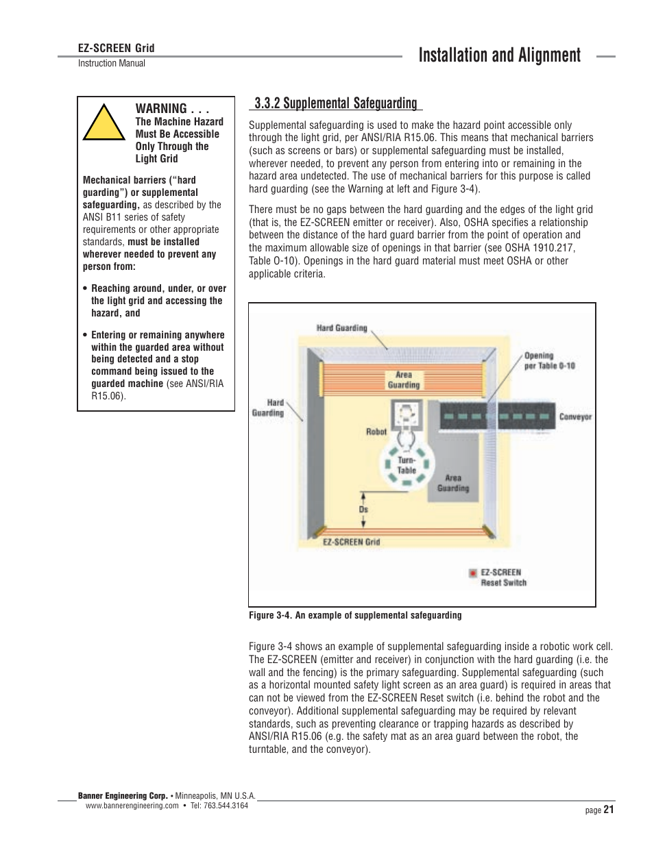 Installation and alignment, 2 supplemental safeguarding | Banner EZ-SCREEN­ Safety Light Curtain Systems User Manual | Page 21 / 64