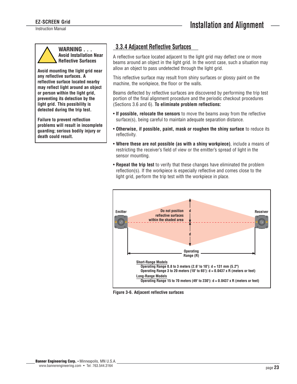 Installation and alignment, 4 adjacent reflective surfaces | Banner EZ-SCREEN­ Safety Light Curtain Systems User Manual | Page 23 / 64