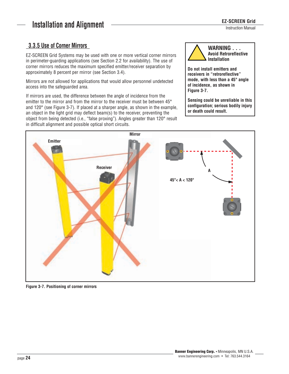 Installation and alignment, 5 use of corner mirrors | Banner EZ-SCREEN­ Safety Light Curtain Systems User Manual | Page 24 / 64