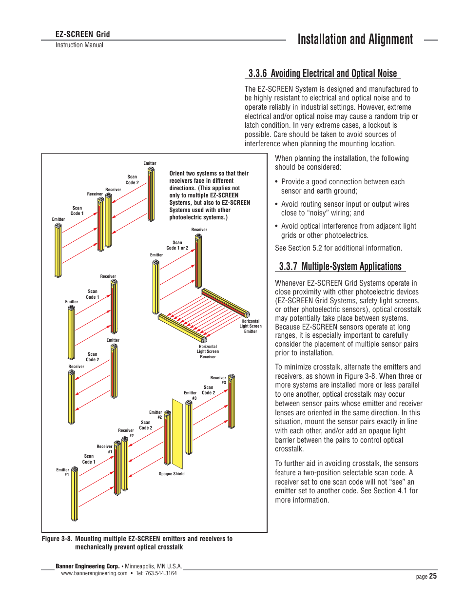 Installation and alignment, 6 avoiding electrical and optical noise, 7 multiple-system applications | Banner EZ-SCREEN­ Safety Light Curtain Systems User Manual | Page 25 / 64