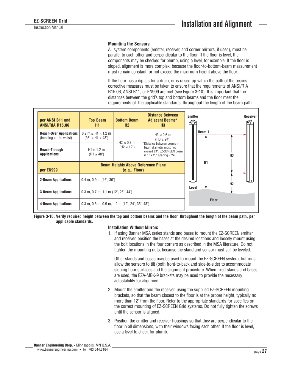 Installation and alignment | Banner EZ-SCREEN­ Safety Light Curtain Systems User Manual | Page 27 / 64