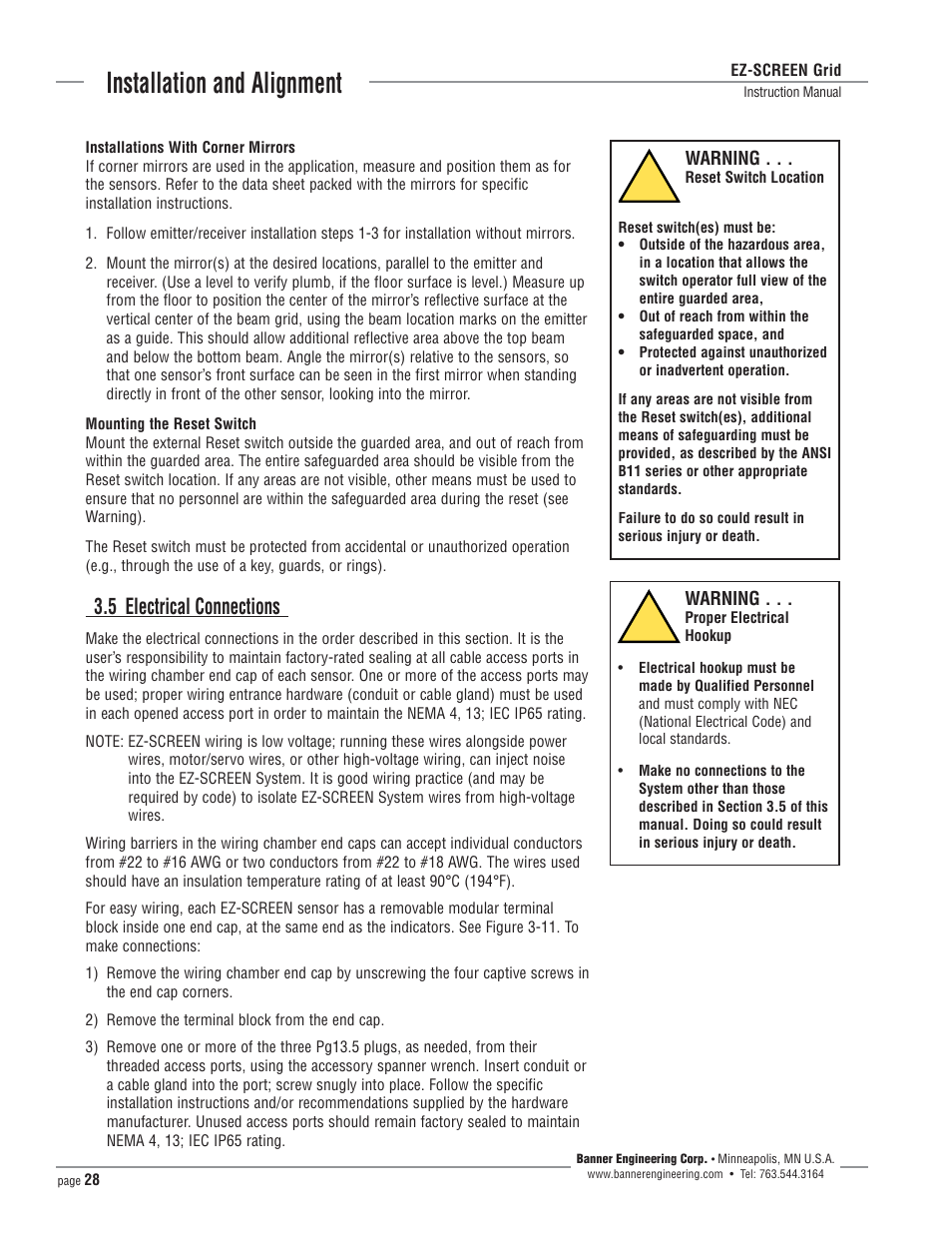 Installation and alignment, 5 electrical connections | Banner EZ-SCREEN­ Safety Light Curtain Systems User Manual | Page 28 / 64