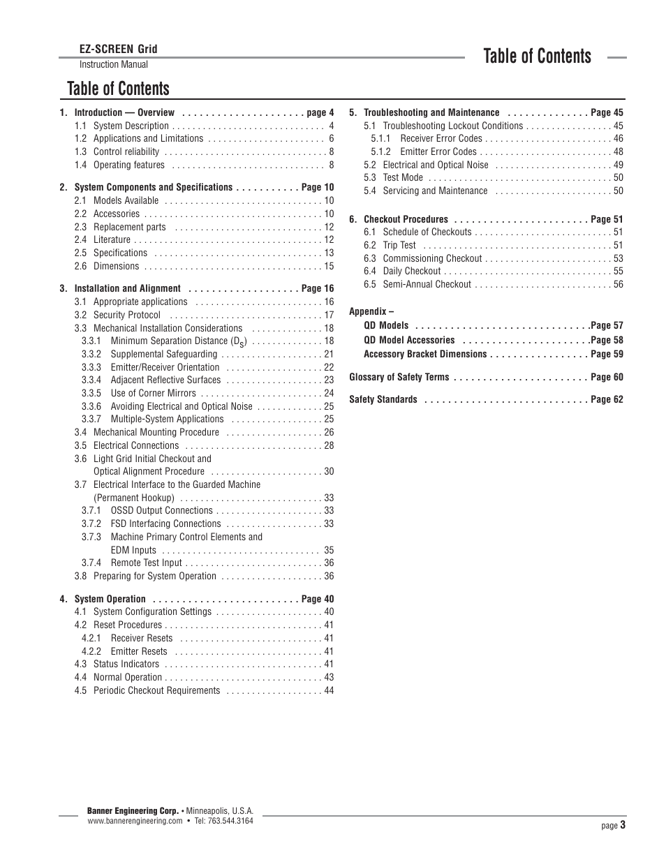 Banner EZ-SCREEN­ Safety Light Curtain Systems User Manual | Page 3 / 64