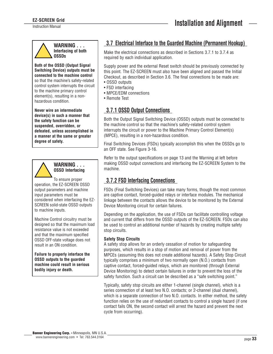 Installation and alignment, 1 ossd output connections, 2 fsd interfacing connections | Banner EZ-SCREEN­ Safety Light Curtain Systems User Manual | Page 33 / 64