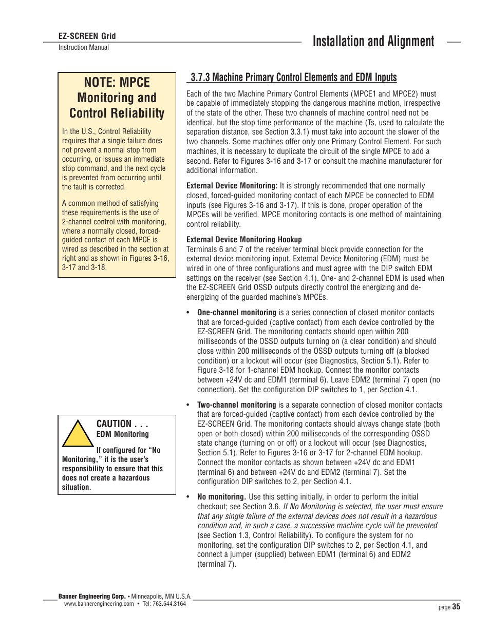 Installation and alignment, 3 machine primary control elements and edm inputs | Banner EZ-SCREEN­ Safety Light Curtain Systems User Manual | Page 35 / 64