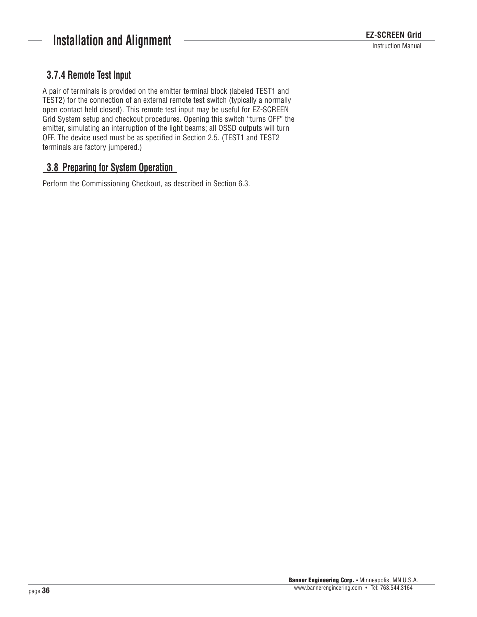 Installation and alignment, 4 remote test input, 8 preparing for system operation | Banner EZ-SCREEN­ Safety Light Curtain Systems User Manual | Page 36 / 64