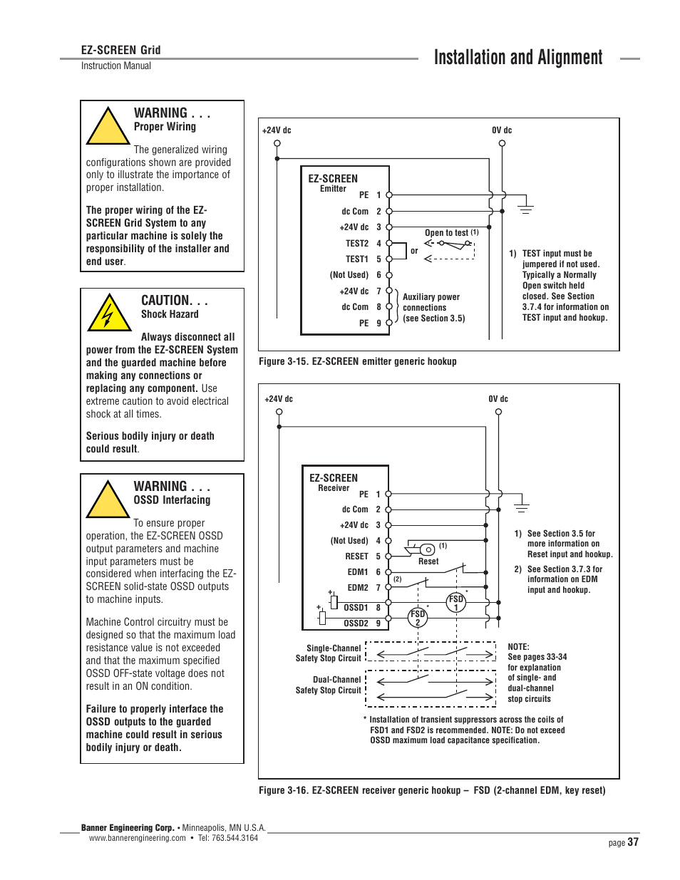 Installation and alignment, Warning, Caution | Banner EZ-SCREEN­ Safety Light Curtain Systems User Manual | Page 37 / 64