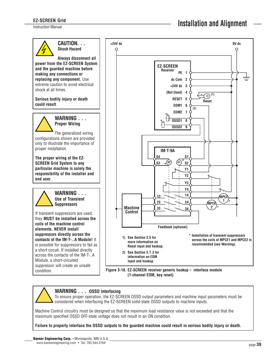 Installation and alignment, Warning, Caution | Banner EZ-SCREEN­ Safety Light Curtain Systems User Manual | Page 39 / 64