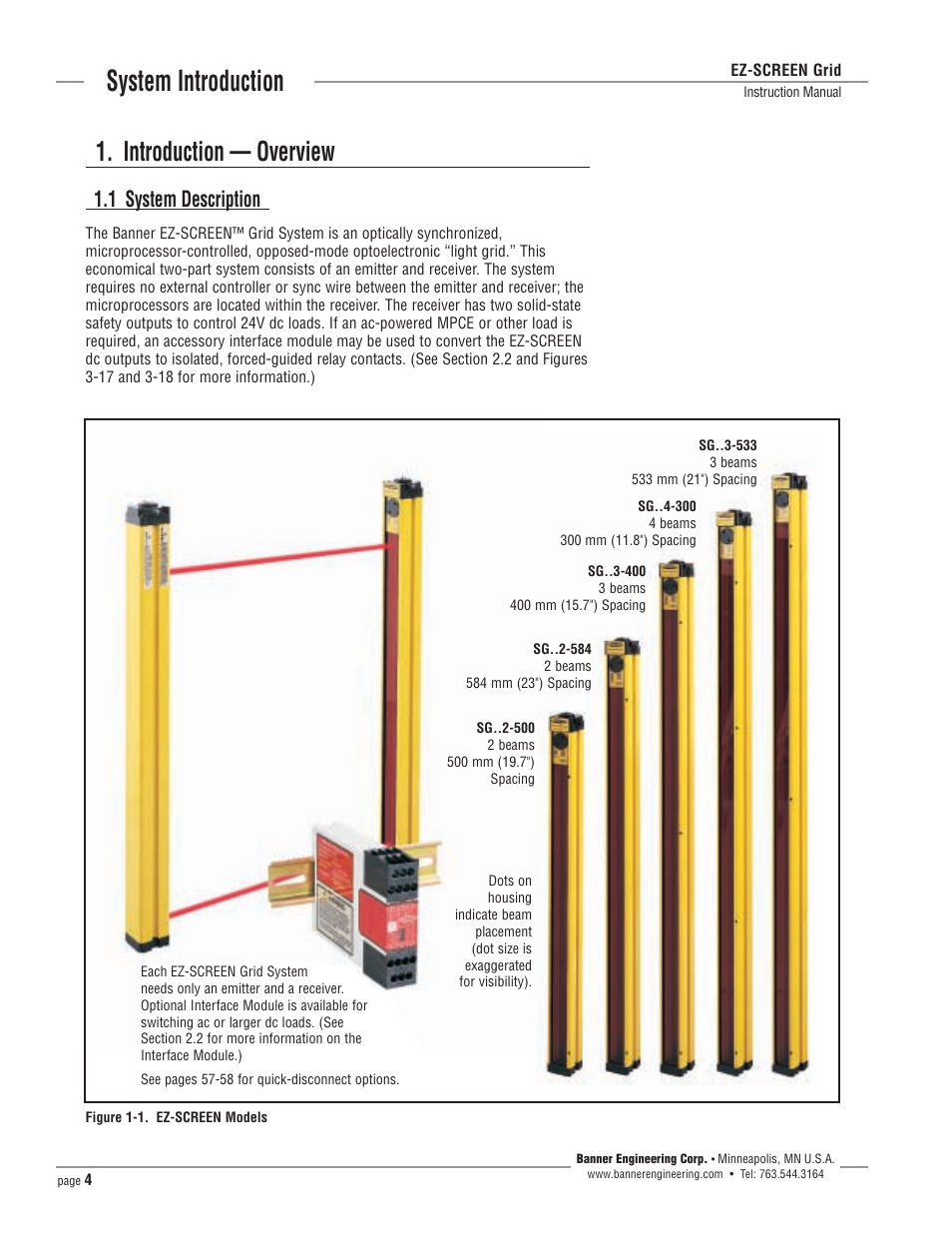 System introduction, Introduction — overview, 1 system description | Banner EZ-SCREEN­ Safety Light Curtain Systems User Manual | Page 4 / 64