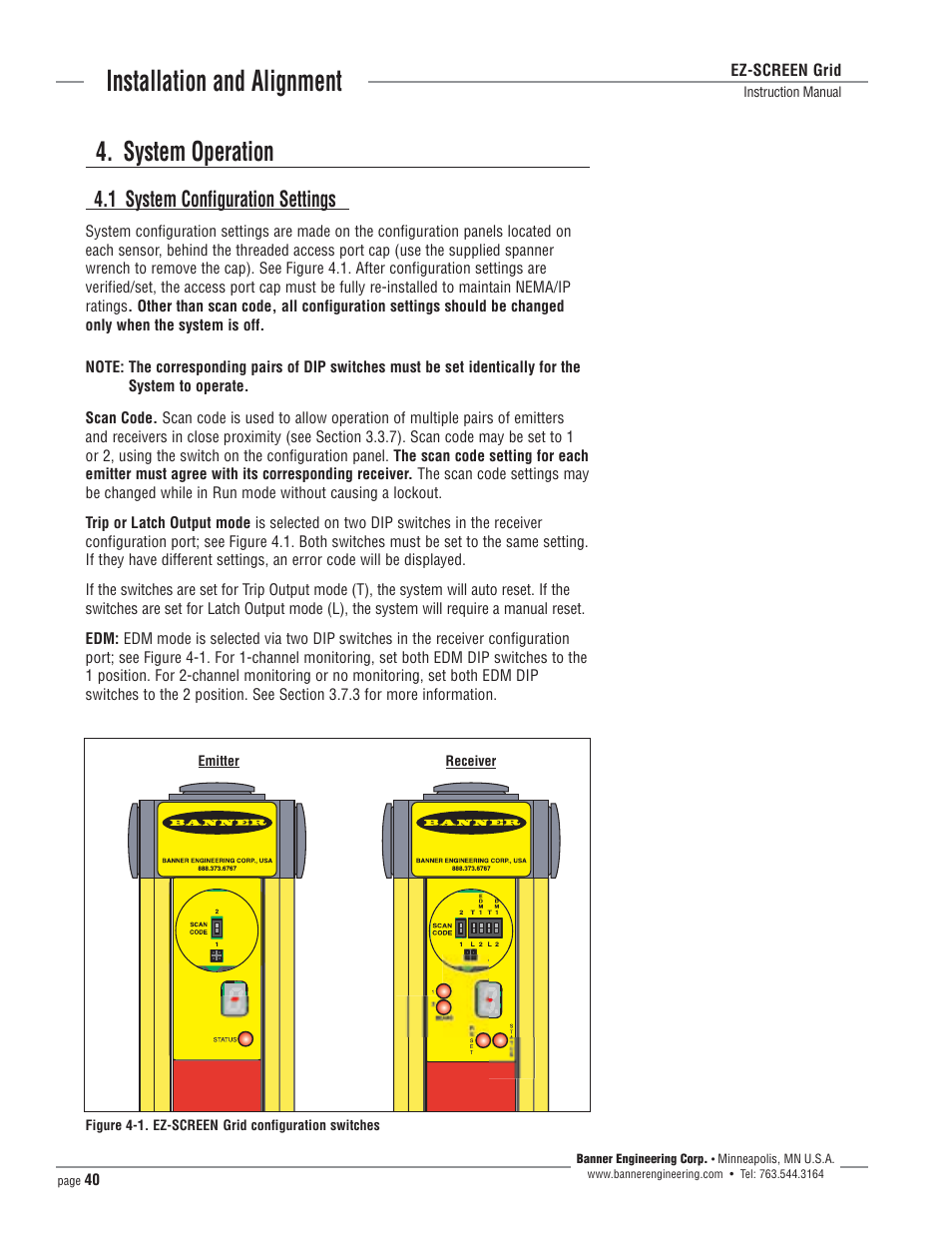 Installation and alignment, System operation, 1 system configuration settings | Banner EZ-SCREEN­ Safety Light Curtain Systems User Manual | Page 40 / 64