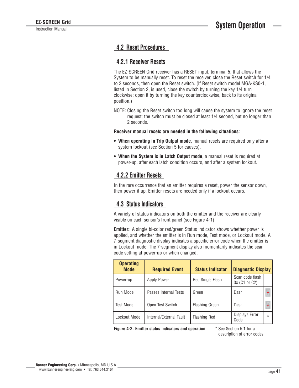 System operation, 2 reset procedures 4.2.1 receiver resets, 2 emitter resets | 3 status indicators | Banner EZ-SCREEN­ Safety Light Curtain Systems User Manual | Page 41 / 64