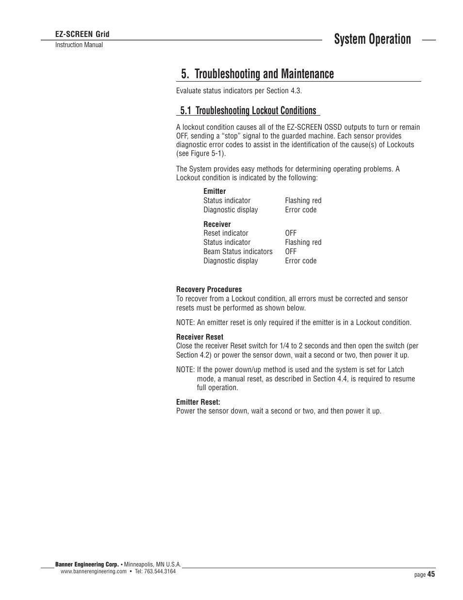 System operation, Troubleshooting and maintenance, 1 troubleshooting lockout conditions | Banner EZ-SCREEN­ Safety Light Curtain Systems User Manual | Page 45 / 64